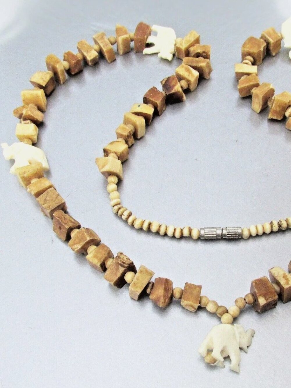 Vintage Carved Square Shell Bead & Elephants Long Unisex Necklace
